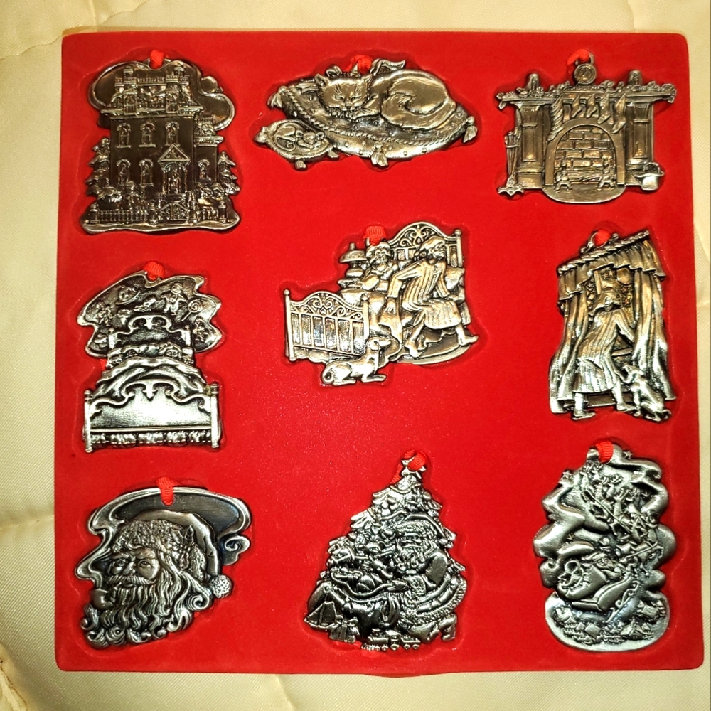 PEWTER ornament set of 9. Twas the night before xmas